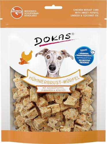 DOKAS Hühnerbrust-Würfel – Premium Superfood-Snack für Hunde aus Hühnerbrust – Mit Süßkartoffel, Leinsamen & Kokosöl – 1 x 150 g von Dokas