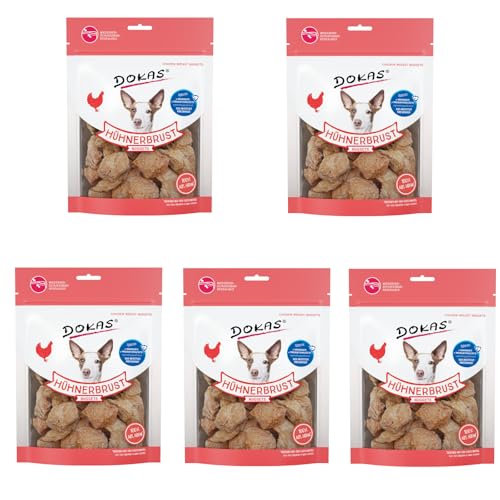 Dokas Hühnerbrust Nuggets 5er Pack, 5 x 110 g, Ergänzungsfuttermittel für Hunde, Hergestellt aus fettarmem Hühnerbrustfilet, Hoher Proteingehalt, Ohne künstliche Zusätze von Dokas