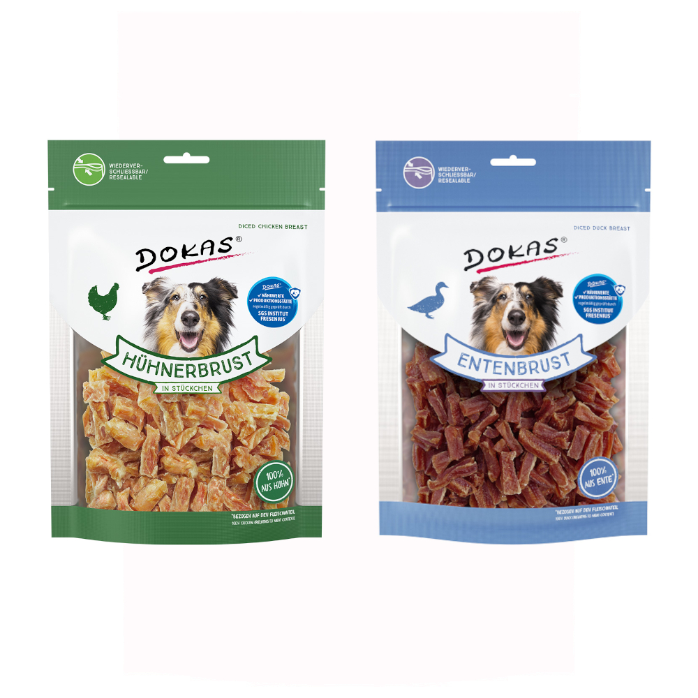 Kombi-Paket Dokas Fleischstückchen 8 x 200 g - 4 x 200 g Hühnerbrust + 4 x 200 g Entenbrust Kombi-Paket Dokas Fleischstückchen 8 x 200 g - 4 x 200 g Hühnerbrust + 4 x 200 g Entenbrust von Dokas