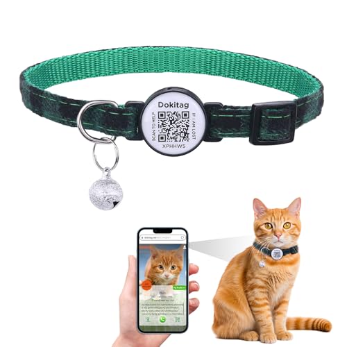 DOKITAG Katzenhalsband mit QR-Code-Namensschild, ID-Tag, personalisiertes Katzenhalsband mit Glöckchen, Online-Profil-Scan für Haustiere, QR, Empfang sofortiger Standortalarm, E-Mail (grün) von Dokitag