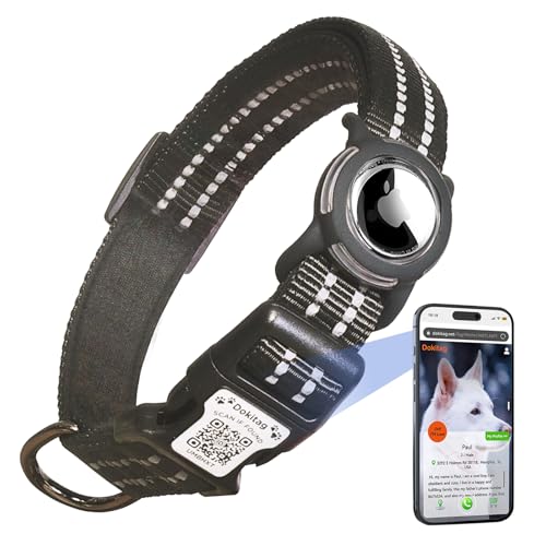 DOKITAG Reflektierendes Hundehalsband mit Apple-AirTag-Halterung und QR-Code, Haustier-ID-Tag, weiches Nylon, verstellbares Hundehalsband mit Sicherheitsverschluss für große Hunde (Schwarz, L) von Dokitag