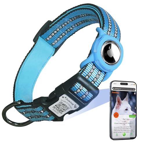 DOKITAG Reflektierendes Hundehalsband mit Apple-AirTag-Halterung und QR-Code, Haustier-ID-Tag, weiches Nylon, verstellbares Hundehalsband mit Sicherheitsverschluss für mittelgroße Hunde (Blau, M) von Dokitag