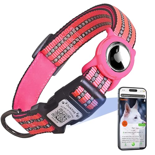 DOKITAG Reflektierendes Hundehalsband mit Apple-AirTag-Halterung und QR-Code, Haustier-ID-Tag, weiches Nylon, verstellbares Hundehalsband mit Sicherheitsverschluss für mittelgroße Hunde (Rosenrot, M) von Dokitag