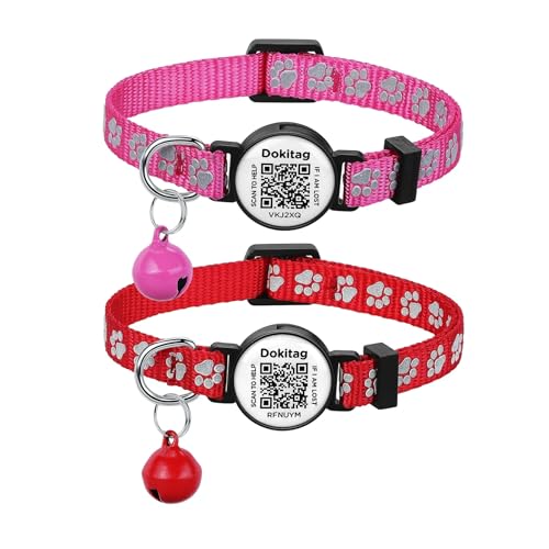 Dokitag Reflektierendes Katzenhalsband mit QR-Code-Namensschild, Glöckchen, Abreißbar, Nylon, Klein, Rosa (Pink), für Katzen aller Rassen von Dokitag