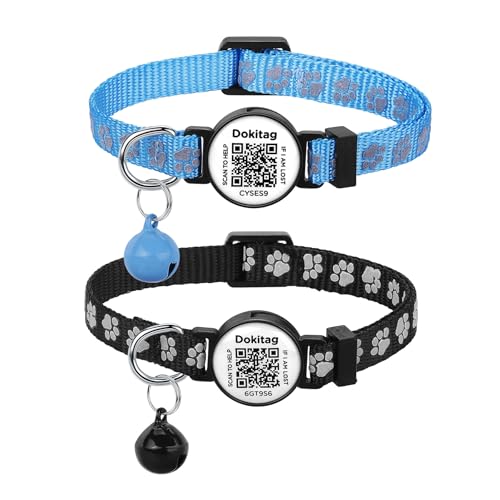 Dokitag Reflektierendes Katzenhalsband mit QR-Code-Namensschild, Glöckchen, Hochwertiges Nylon, Breakaway-Verschluss, Ideal für Kätzchen, Blau/Schwarz Dokitag Reflektierendes Katzenhalsband mit QR-Code-Namensschild, Glöckchen, Hochwertiges Nylon, Breakaway-Verschluss, Ideal für Kätzchen, Blau/Schwarz von Dokitag