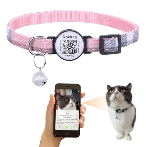 Katzenhalsband mit QR-Code-Tag, klassisches kariertes Katzenhalsband, personalisiertes Katzen-ID-Tag, niedliches Kätzchen-Halsband mit Glöckchen, Online-Profil-Scan für Haustiere, QR, Empfang von Dokitag