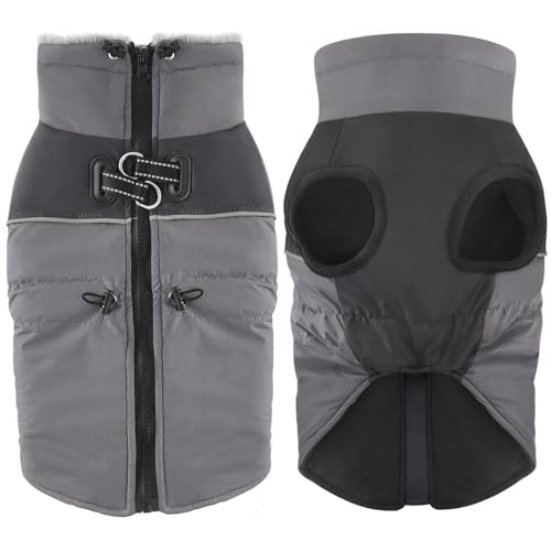 Dolahovy wasserdichte Hundemantel Winterjacken, Winddichte Haustier Kleidung Große Jumper Warme Hunde Mäntel Fleece Jacken Outfit für kleine mittlere große Hunde Welpen Weste mit Geschirr(Grau, 5XL) von Dolahovy