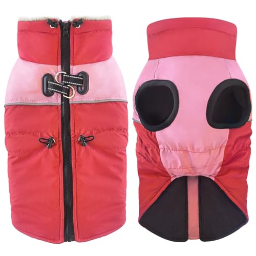 Dolahovy wasserdichte Hundemantel Winterjacken, Winddichte Haustier Kleidung Große Jumper Warme Hunde Mäntel Fleece Jacken Outfit für kleine mittlere große Hunde Welpen Weste mit Geschirr(Rot, 6XL) von Dolahovy