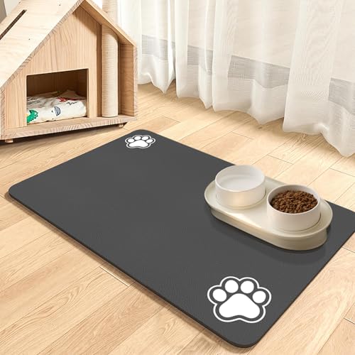 Futtermatte Katzen, Napfunterlage Hund Klein, wasserdichte Haustier Futtermatten rutschfeste Unterlage Katzennapf Fressnapf Futtermatte Katzenfutter Futternapf Matte (Dunkelgrau-2 Pfoten, 40 x 60 cm) von Dolic