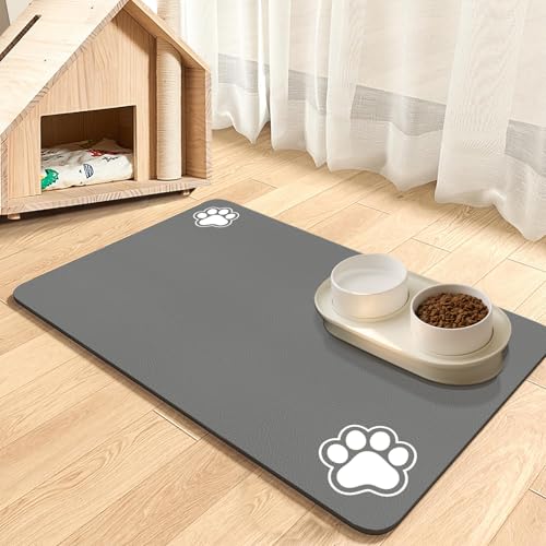 Futtermatte Katzen, Napfunterlage Hund Klein, wasserdichte Haustier Futtermatten rutschfeste Unterlage Katzennapf Fressnapf Futtermatte Katzenfutter Futternapf Matte (Hellgrau-2 Pfoten, 44.5 x 71 cm) von Dolic