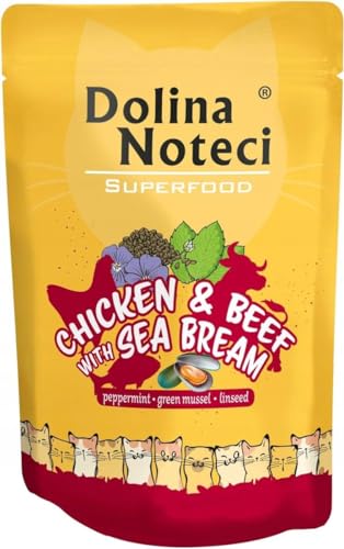 Dolina Noteci Superfood Nassfutter für Katzen Getreidefrei mit Huhn, Rindfleisch und Dorade 10 Portionsbeutel (10 x 85 g) von DOLINA NOTECI