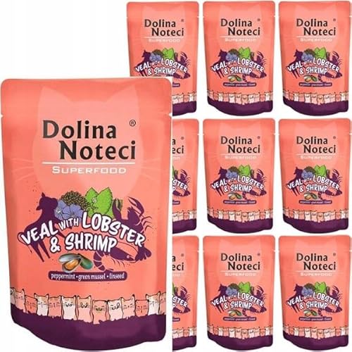 Dolina Noteci Superfood Nassfutter für Katzen Getreidefrei mit Kalbfleisch, Hummer und Krabben 10 Portionsbeutel (10 x 85 g) von DOLINA NOTECI