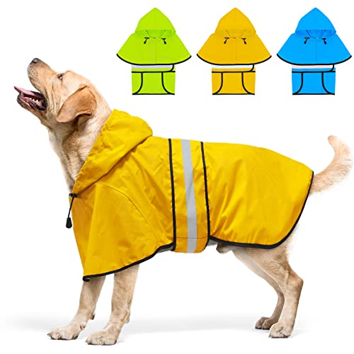 Dolitego Wasserdichter Verstellbarer Hunde-Regenmantel - Reflektierende Hunderegenjacke mit Hoodie, Leichter Hunde-Regenmantel Hundeponcho Zupfer für Kleine Mittlere und Große Hunde (Groß, Gelb) von Dolitego