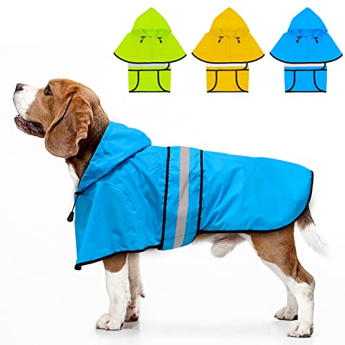 Dolitego Wasserdichter verstellbarer Hunde-Regenmantel - Reflektierende Hunderegenjacke mit Hoodie, Leichter Hunde-Regenmantel Hundeponcho Zupfer für Kleine Mittlere und Große Hunde (X-Large, Blau) von Dolitego