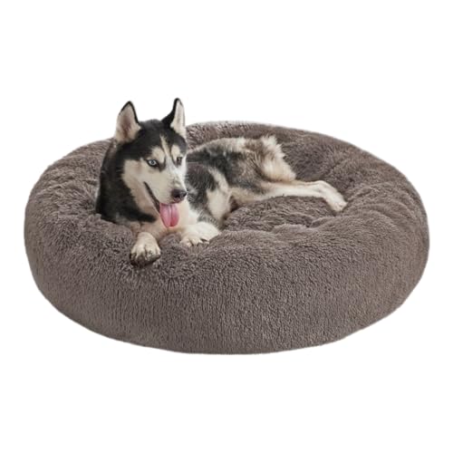 Domarex Weiches Hundebett für große Hunde und Katzen - rundes Shaggy-Bett mit hohen Rändern - Anti-Rutsch-Boden - Silikonfüllung - komfortabler Schlafplatz - 90 cm - Bequem & langlebig - Beige von Domarex