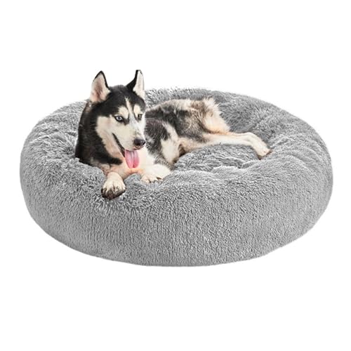 Domarex Weiches Hundebett für große Hunde und Katzen - rundes Shaggy-Bett mit hohen Rändern - Anti-Rutsch-Boden - Silikonfüllung - komfortabler Schlafplatz - 90 cm - Bequem & langlebig - Grau von Domarex