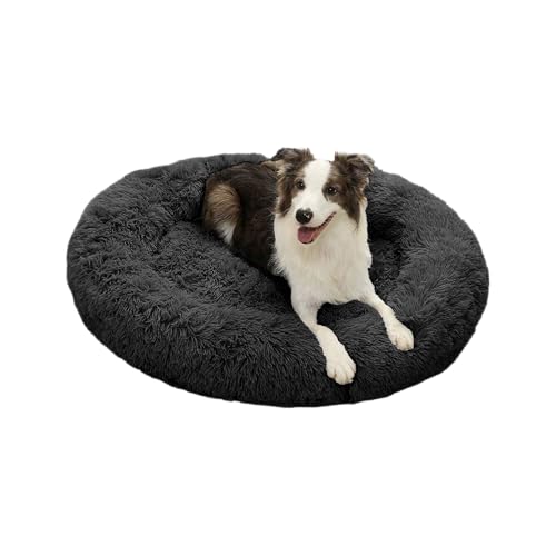 Rundes Hundebett für Hunde und Katzen 60 cm - Weiches, Flauschiges Kissen mit erhöhten Rän-dern - Anti-Rutsch Boden - Silikonfüllung für Komfort und Wärme - Pflegeleicht - Graphit von Domarex