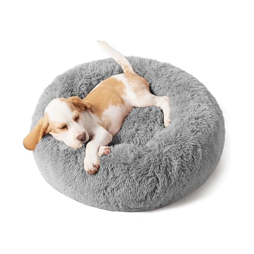 Domarex Rundes Hundebett für Hunde und Katzen 60 cm - Weiches, Flauschiges Kissen mit erhöhten Rändern - Anti-Rutsch Boden - Silikonfüllung für Komfort und Wärme - Pflegeleicht - Grau von Domarex