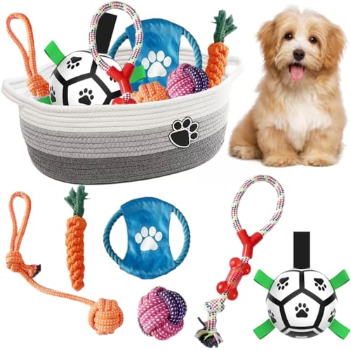 Domchan 7-teiliges Aufbewahrungskorb-Set für Welpen, Hundespielzeug, Kauspielzeug zum Zahnen, quietschend, Plüschente, Seil, gewebter Korb mit Griffen für kleine Welpen Domchan 7-teiliges Aufbewahrungskorb-Set für Welpen, Hundespielzeug, Kauspielzeug zum Zahnen, quietschend, Plüschente, Seil, gewebter Korb mit Griffen für kleine Welpen von Domchan