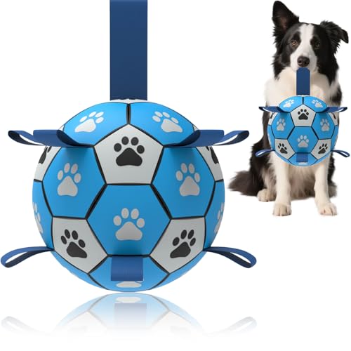 Domchan Hunde-Fußball, interaktives Spielzeug zum Tauziehen, Welpengeburtstagsgeschenke, Zerrspielzeug, Wasserspielzeug, langlebige Bälle für kleine und mittelgroße Größe (20,3 cm, Blau) von Domchan
