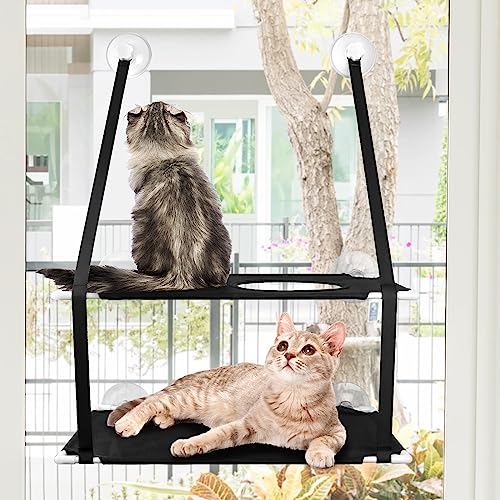 Doppellagige Sitzstange hält bis zu 25 kg und 360° Sonnenbad für einzelne oder mehrfache Katzen, stabiles Fensterbett für Katzen mit 2 Vakuum-Saugnäpfen von Domiphie
