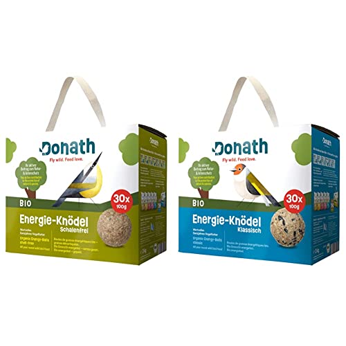 Donath BIO Energie-Knödel schalenlos, ohne Netz - 30 Meisenknödel ohne Netz im Karton (30 x 100g) - Schalenfrei - wertvolles Ganzjahres Wildvogelfutter & Donath BIO Energie-Knödel klassisch, ohne Netz von Donath Fly wild. Feed love.