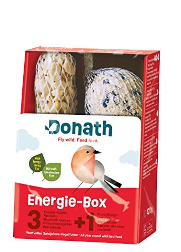 Donath Energie-Box 3+1-3 Meisenknödel im Netz a 100g und 1 Nussstange a 120g - viel Abwechslung - wertvolles Ganzjahres Wildvogelfutter - aus unserer Manufaktur in Süddeutschland von Donath Fly wild. Feed love.