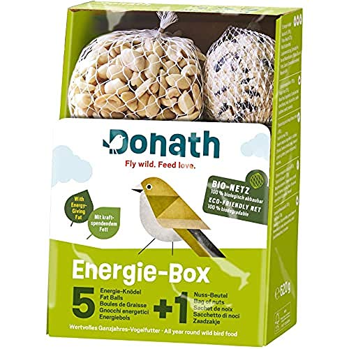 Donath Energie-Box 5+1-5 Meisenknödel a 100g und 1 Nussbeutel mit 120g, jeweils im Bio-Netz - Knabbervielfalt- wertvolles Ganzjahres Wildvogelfutter - aus unserer Manufaktur in Süddeutschland von Donath Fly wild. Feed love.