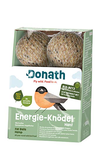 Donath Energie-Knödel Hanf im Bio-Netz - Meisenknödel im Bio-Netz - 100g je Knödel - Extraportion Hanfsamen - wertvolles Ganzjahres Wildvogelfutter - unsere Manufaktur in Süddeutschland - 6er Karton von Donath Fly wild. Feed love.