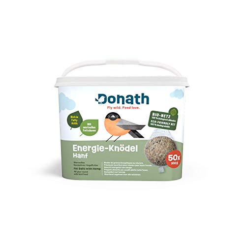 Donath Energie-Knödel Hanf im Bio-Netz - Meisenknödel im Bio-Netz - 100g je Knödel - mit Einer Extraportion Hanfsamen - Ganzjahres Wildvogelfutter - unsere Manufaktur in Süddeutschland - 50er Eimer von Donath Fly wild. Feed love.