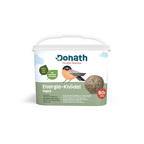 Donath Energie-Knödel Hanf ohne Netz - Meisenknödel ohne Netz -100g je Knödel - mit Einer Extraportion Hanfsamen - Ganzjahres Wildvogelfutter - aus unserer Manufaktur in Süddeutschland - 50er Eimer von Donath Fly wild. Feed love.