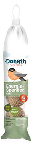 Donath Energie-Spender Hanf - 5 Meisenknödel im praktischen Spender zum Aufhängen (5x100g) - wertvolles Ganzjahres Wildvogelfutter - aus unserer Manufaktur in Süddeutschland von Donath Fly wild. Feed love.