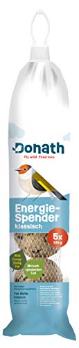 Donath Energie-Spender klassisch - 5 Meisenknödel im praktischen Spender (5x100g) - mit kraftspendendem Fett - wertvolles Ganzjahres Wildvogelfutter - aus unserer Manufaktur in Süddeutschland von Donath Fly wild. Feed love.