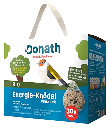 Donath Bio Energie-Knödel Klassisch im Bio-Netz - Meisenknödel im Bio-Netz- 100g je Knödel - kraftspendendes Fett - Ganzjahres Wildvogelfutter - aus unserer Manufaktur in Süddeutschland - 30er Karton von Donath Fly wild. Feed love.