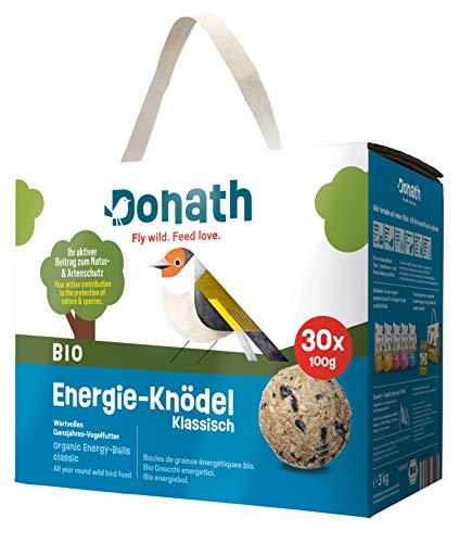 Donath Bio Energie-Knödel Klassisch ohne Netz - Meisenknödel ohne Netz - 100g je Knödel - mit kraftspendendem Fett - Ganzjahres Wildvogelfutter - unsere Manufaktur in Süddeutschland - 30er Karton von Donath Fly wild. Feed love.