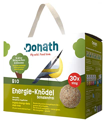 Donath Bio Energie-Knödel Schalenfrei ohne Netz - Meisenknödel ohne Netz - 100g je Knödel - Keine Schalenreste - Ganzjahres Wildvogelfutter - aus unserer Manufaktur in Süddeutschland - 30er Karton von Donath Fly wild. Feed love.