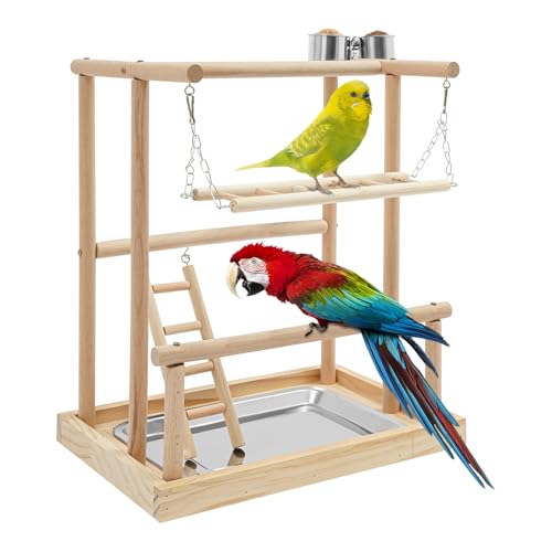 Donened - Papagei Vogelspielplatz, Vogel Spielständer mit Fressnäpfe & Tablett, Holz Papageienständer, für Kleine bis Mittelgroße Vöge, 40 x 26 x 45.5cm von Donened