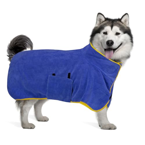 Hundebademantel aus Mikrofaser Hundehandtuch für große Hundedusche Zubehör Bademantel Hund Mittelgroße Hundetrockenmantel für Kleine Hunde Schnelltrockend Super Saugfähig (M, Blau) von Donfri
