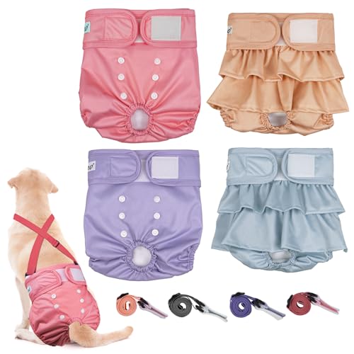 Dono Wiederverwendbare Hundewindeln für Damen, Grau, Khaki, Pfirsichrosa, Hellviolett, XS, 4 Stück von Dono
