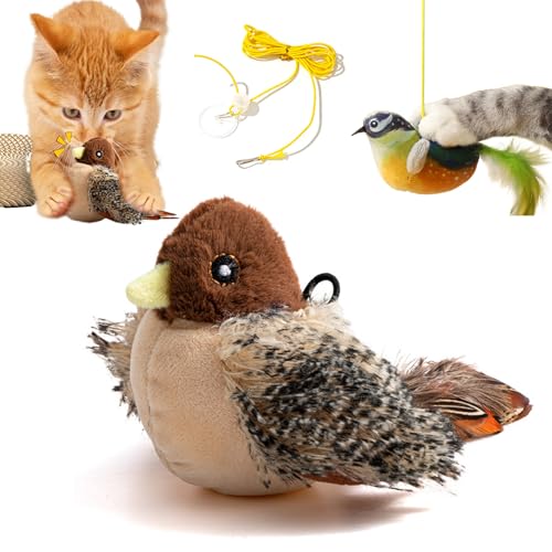 Donubiiu Katzenspielzeug Vogel - Simulierter Zwitschernder Vogel, Flatterndes Interaktives PlüSch-Spielzeug Mit Quietschfunktion für Katzen (1 Stück) von Donubiiu