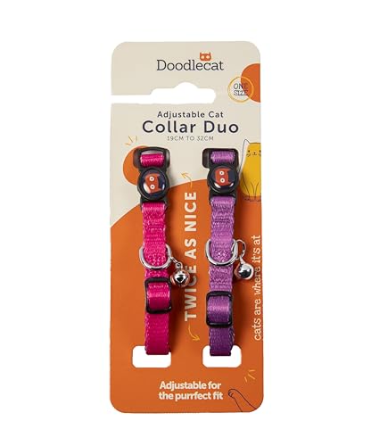 Katzenhalsband Duo mit Schnellverschluss-Schnalle und Glöckchen, verstellbar, passend für alle Katzen (Fuchsia/Blush) von Doodlecat