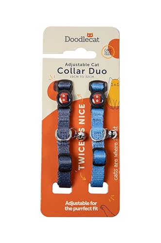 Katzenhalsband Duo mit Schnellverschluss-Schnalle und Glöckchen, verstellbar, passend für alle Katzen (Kornblume/Indigo) von Doodlecat