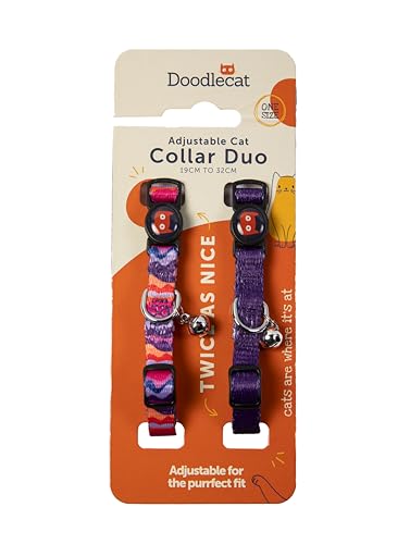 Katzenhalsband Duo mit Schnellverschluss-Schnalle und Glöckchen, verstellbar, passend für alle Katzen (Violett/Dünen) von Doodlecat
