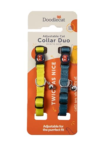 Katzenhalsband Duo mit Schnellverschluss-Schnalle und Glöckchen Verstellbar, passend für alle Katzen (Citrus/Teal) von Doodlecat