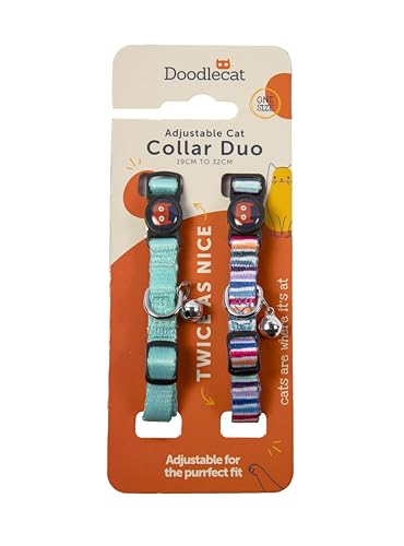 Katzenhalsband Duo mit Schnellverschluss-Schnalle und Glöckchen Verstellbar, passend für alle Katzen (Mint/Streifen) von Doodlecat