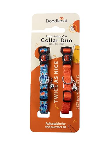 Katzenhalsband Duo mit Schnellverschluss-Schnalle und Glöckchen Verstellbar, passend für alle Katzen (Tangerine/Reef) von Doodlecat