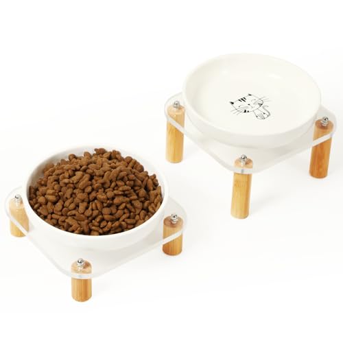 DoogCat Erhöhte Katzennäpfe für Indoor-Katzen – Erhöhter Acryl-Katzennapfständer mit 14 cm breitem Keramikgeschirr, Tischplatte für einfaches Füttern, Schnurrhaarfreundlich (Weiß, 2 Stück) von DoogCat