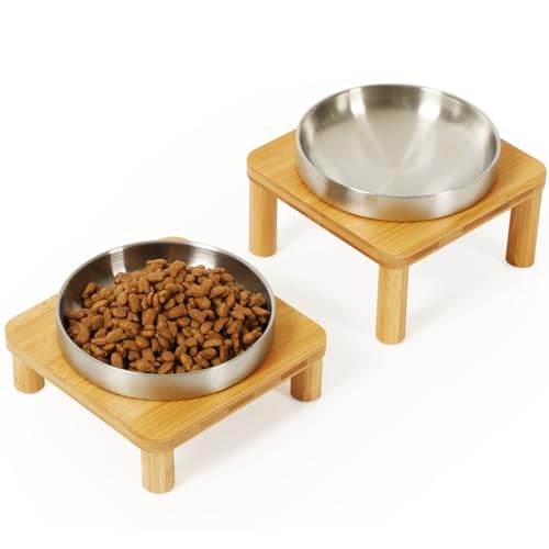 DoogCat Erhöhte Katzennäpfe für Indoor-Katzen – Erhöhter Bambus-Katzennapfständer mit 14 cm breitem Edelstahlgeschirr, Tischplatte für einfaches Füttern, Schnurrhaarfreundlich (Silber, 2 Stück) von DoogCat