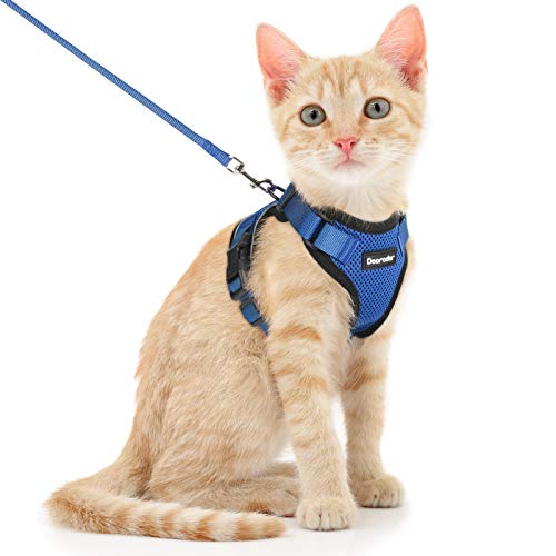 Dooradar Katzengeschirr Katzenleine mit Geschirr für Katzen, Verstellbares katzengeschirr Ausbruchsicher, Reflektierend Geschirr Set für Kleine Mittelgroße Katzen, XS, Blau von Dooradar