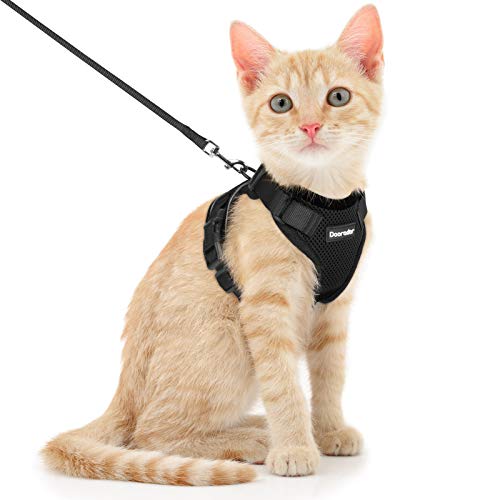 Dooradar Katzengeschirr Leine Set, Ausbruchsichere Cat Harness, Atmungsaktives Katzengeschirr für den Spaziergang, mit instellbare reflektierende Streifen für Katzen, Schwarz, XS von Dooradar